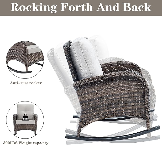 Belord 7 Piece Outdoor Patio Furniture Sets with Rocking Chairs, Wicker Loveseat Conversation Sets for Patio Deck Backyard Poolside, Beige Cushion