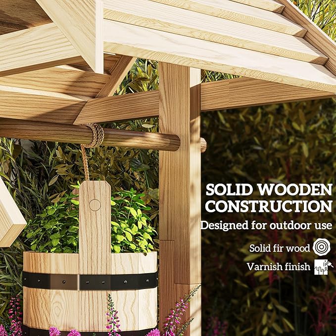 Outsunny Wooden Wishing Well Planter with Adjustable Hanging Bucket, Rustic Wishing Well for Outside, Decorative Flower Planter with Drainage Hole for Garden Patio, Natural Wood
