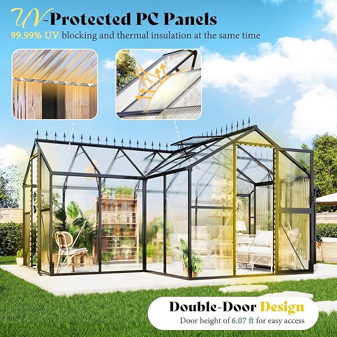 AMERLIFE 16.8x12x7 FT Greenhouse for Ourdoors, Quick-Lock Assembly, Aluminum Frame with 2 Vents, 2 Doors, and Walk-in Design for Garden or Backyard, Black