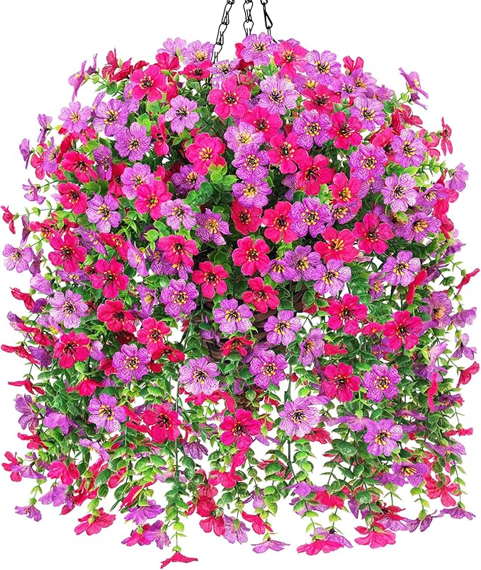 HyeFlora Artificial Hanging Flowers Basket for Outdoor, Fake Flowers Faux Plants Look Real for Yard Gardens Porch Patio Home (Purple+Hotpink)