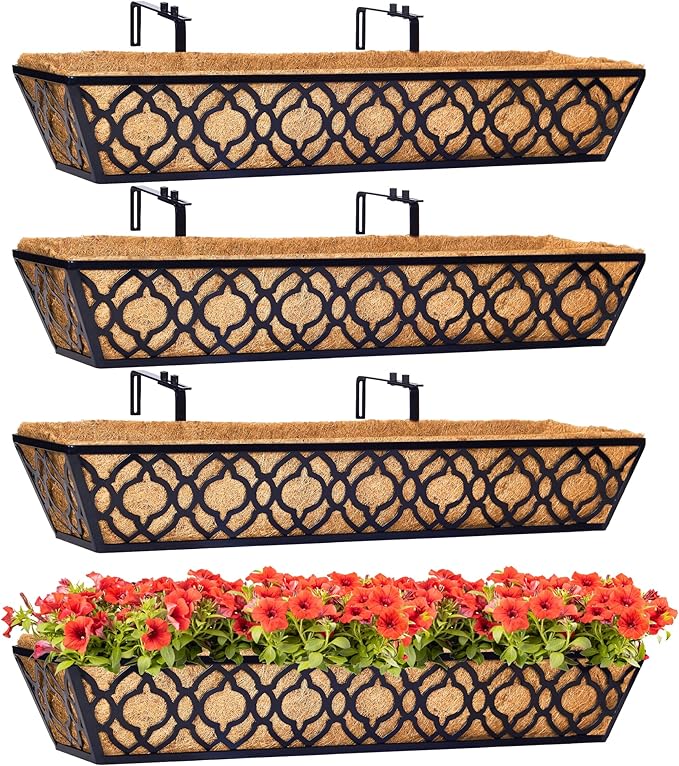 Y&M 4pcs 30" Horse Trough Window Boxes with Coconut Coir Liner, Black Metal Hanging Flower Planter Deck Railing Planter Boxes for Outdoor Indoor