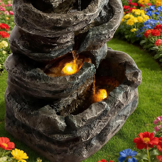6-Tier Outdoor Cascading Stone Water Fountain, 35" H Freestanding LED Rock Waterfall with Natural Stone Appearance and Lights, Resin Water Feature for Garden Patio Yard Deck