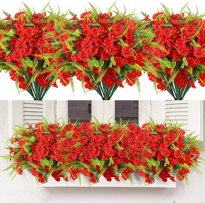 HIAGROW Artificial Flowers Outdoors 12 Bundles Artificial Petunias Fake Flowers UV Resistant Shrubs Plants with Fern for Indoor Outside Hanging Planters Home Garden Summer Decorations (Red)