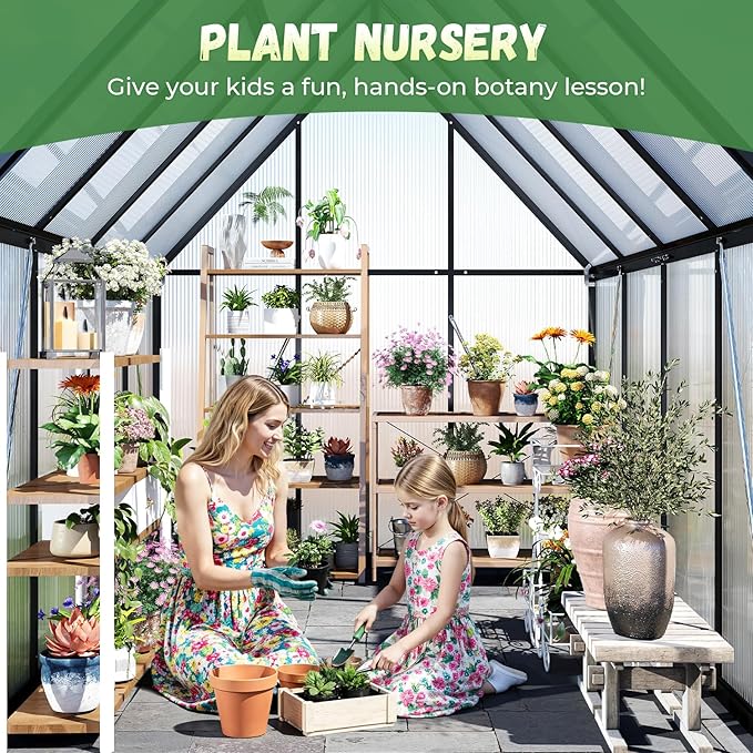 6x8FT Greenhouse for Outdoors, Galvanized Steel Frame Winter Green House w/Adjustable Roof Vent, Lockable Door Handle &DrainageSystem, Walk-in Greenhouses for Outside Garden Backyard