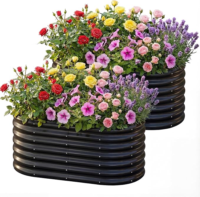 AHEONLAR 2 Pack 4×2×2ft Galvanized Raised Garden Beds Outdoor, Oval Sturdy and Durable Planter Boxes for Vegetables, Fruits, Flowers and Plants, Easy Assembly, Black