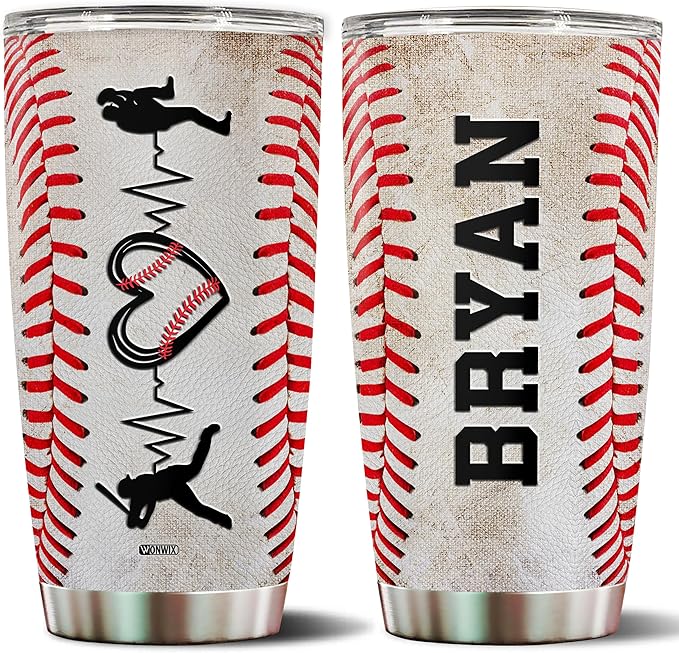 WONWIX Personalized Baseball Tumbler Gifts 20oz Travel Cup Coffee Mug Stainless Steel Insulated with Lid Gift for Men Women Sports Lovers Baseball Fan Players Coach