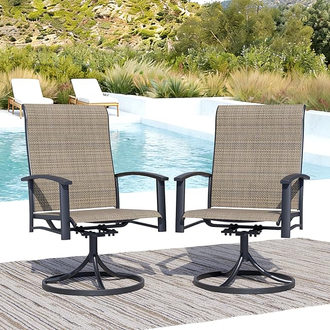 Patio Swivel Chairs Set of 2, All-Weather Metal Outdoor Dining Set with Breathable Mesh Seat, Lightweight Mocha Swivel Bistro Chairs for Garden, Deck, Porch - Cool & Comfortable Relaxation