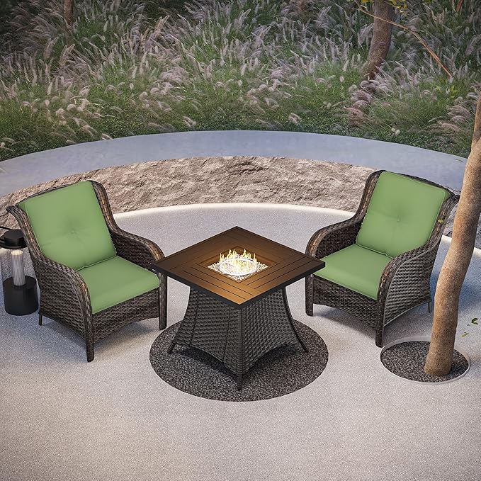 Joyside 3 Piece Wicker Patio Furniture Set with Fire Pit Table, Rattan Patio Chairs with High Back, Deep Seating, Wide Armrest, Thickened Cushions, Outdoor Furniture for Deck, Porch Use