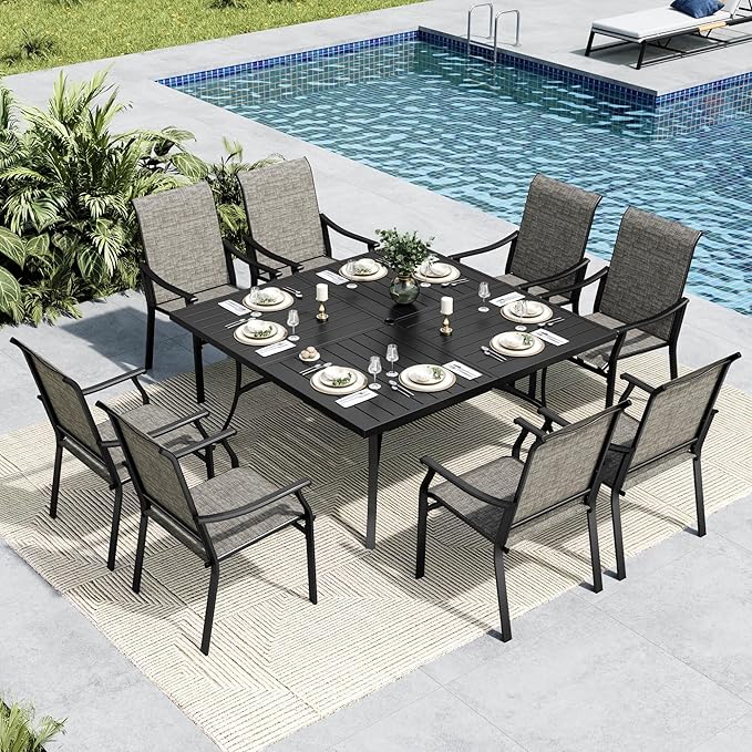 MFSTUDIO Patio Table and Chairs Set, 9 PCS Outdoor Patio Dining Set with 8 Sling Dining Chairs and 1 Square Heavy Duty Metal Table for 8, All Weather Resistant Patio Dining Furniture, Grey