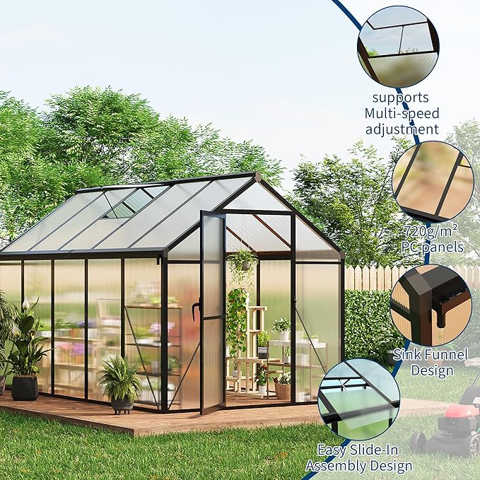 6x10 ft Greenhouse for Outdoors, Large Walk-in Polycarbonate Greenhouse Kit, Aluminum Frame, Lockable Door, Roof Vent, Ground Spikes, for Garden, Patio, Backyard, Outdoor Plant Growth, Black
