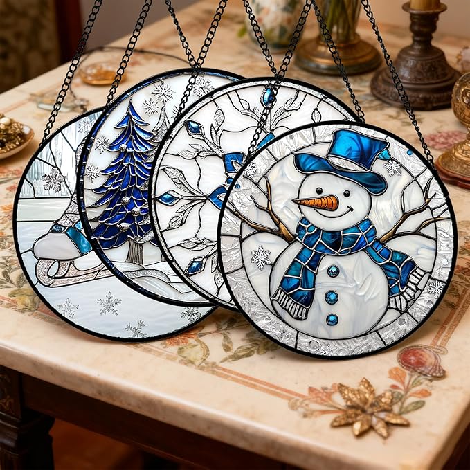 DASTOLL Stained Glass Window Hanging 4 Pcs Set White Winter Christmas Snow Scene Large 15" - Suncatcher Door Garden Sun Catcher Decor Birthday for Mom Woman Nana Men Friend Wife
