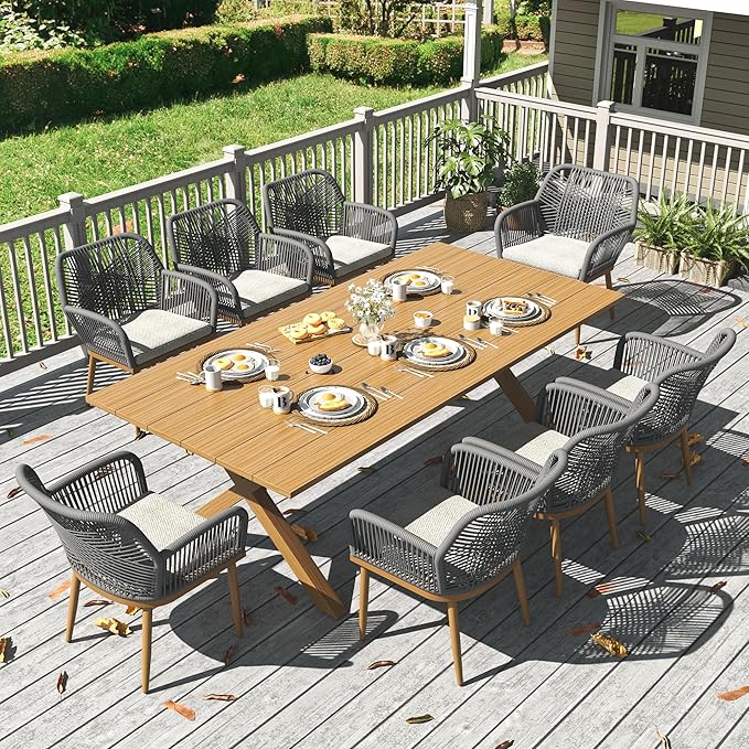 LayinSun Outdoor Dining Set for 8, 9 Pieces Patio Furniture Sets with Aluminum Dining Table and Rope Weave Chairs