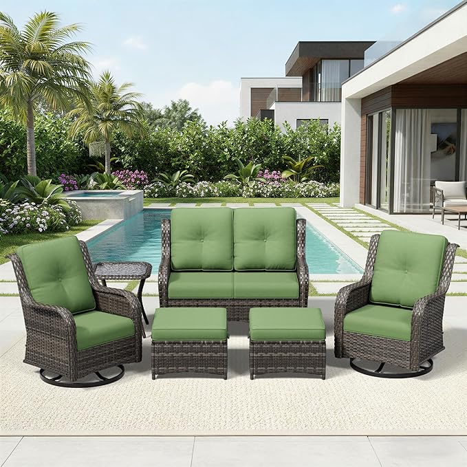 Joyside 6 Piece Wicker Patio Furniture Set, Outdoor Swivel Rocker Patio Chairs with High Back, Deep Seating, Wide Armrest, Thickened Cushions, Outdoor Furniture for Deck, Porch Use