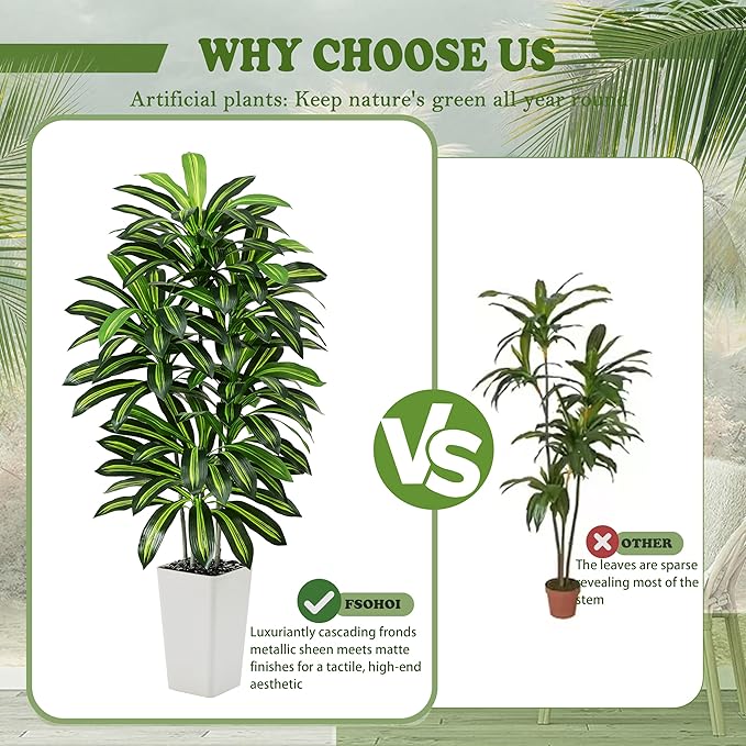 Artificial Dracaena Tree - 6FT Tall Fake Plants with White Tall Planter - Artificial Plants Indoor Floor Plant in Pot - Large Tropical Fake Yucca Potted Tree for Home Office Living Room Decor