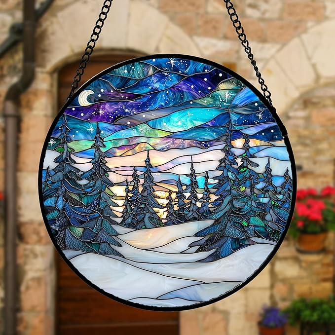 DASTOLL Stained Glass Window Hanging, Starry Sky Trees and Snow Sun Catchers Glass Panel Blue Suncatcher Decor for Birthday for Women, Men, Wife, Aunt, and Mom 6.3 in