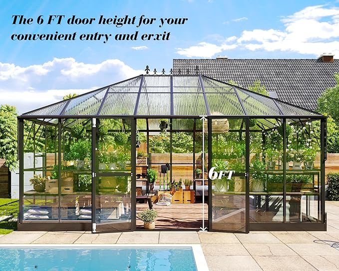 Jocisland 16x12x9.5 FT Polycarbonate Greenhouse with Clear Panels- 6 FT Wall Height Walk-in Greenhouse with 4 Vents, Double Doors with Hook, Outdoor Aluminum Greenhouses for Backyard Garden
