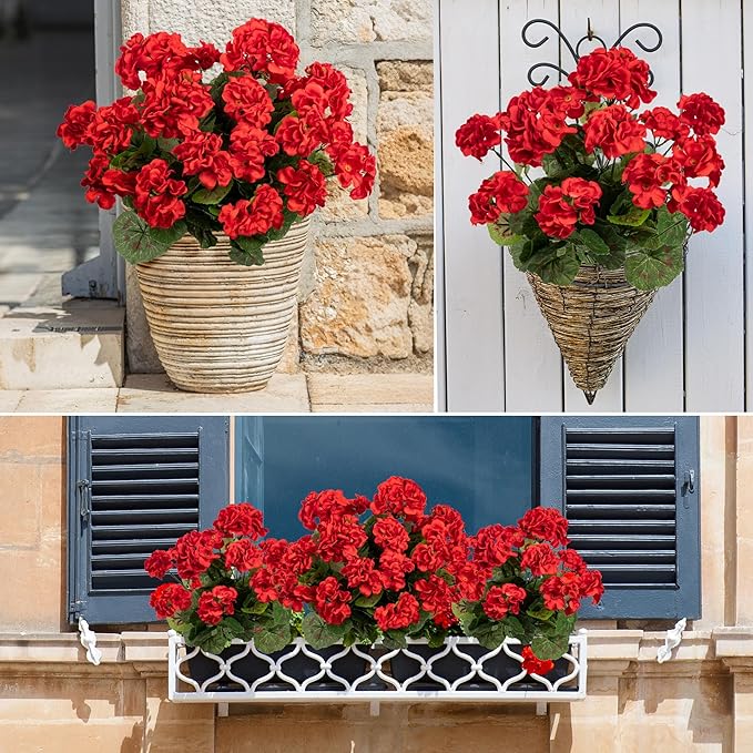 Uqueeten 4pcs Fake Flower Artificial Geranium,Artificial Flowers for Outdoors ，Geraniums Artificial Flowers Realistic,Artificial Geraniums for Outdoors Fake Plant Decoration(Red) 14.4"