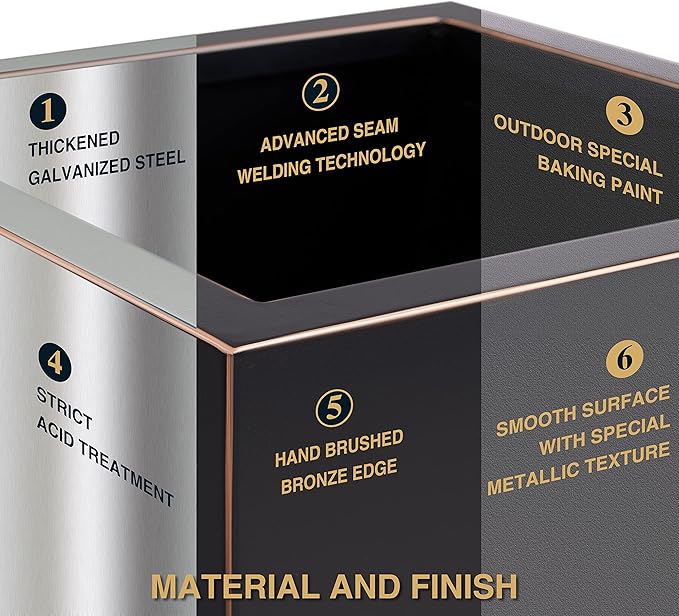 Wallowa Metallic Heavy Planter for Outdoor Plants, 14Lx14Wx30H Inches, Tall Metal Planter Box with Hand Brushed Gold Edge for Outside & Indoor, 25 Pounds, No Assembly and Seamless, Set of 2 (Black)