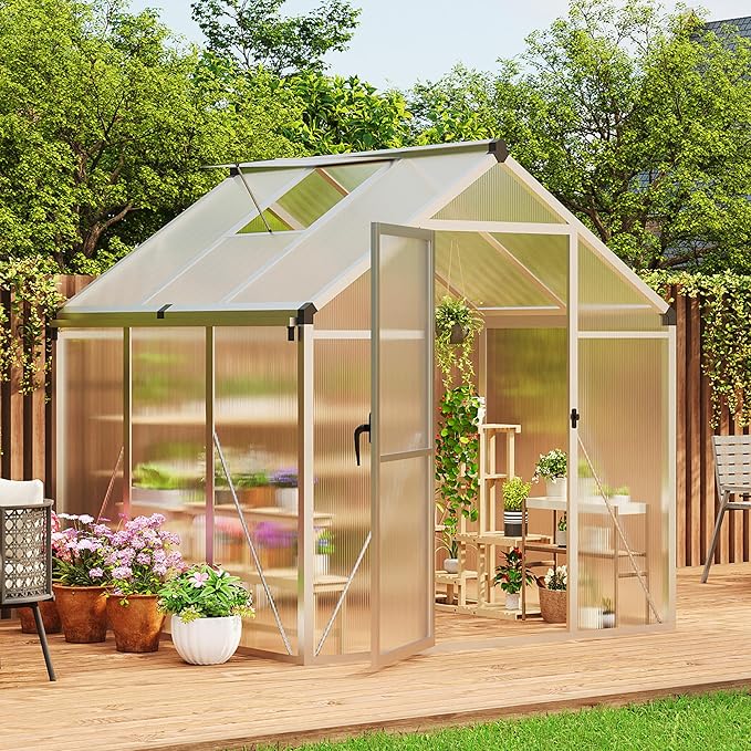 6 X 6 FT Greenhouse, Outdoor Greenhouses, Polycarbonate Panels with Aluminum Frame, Adjustable Roof Vent and Lockable Door, Green Houses for Outside Backyard, Garden, Patio