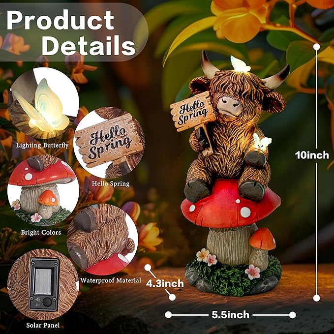Highland Cow Garden Statue with Solar Butterfly Lights, Spring Outdoor Highland Cow on Mushroom Butterfly Decoration for Yard, Patio, Lawn, Cows Figurine Housewarming Gift for Women, Mom