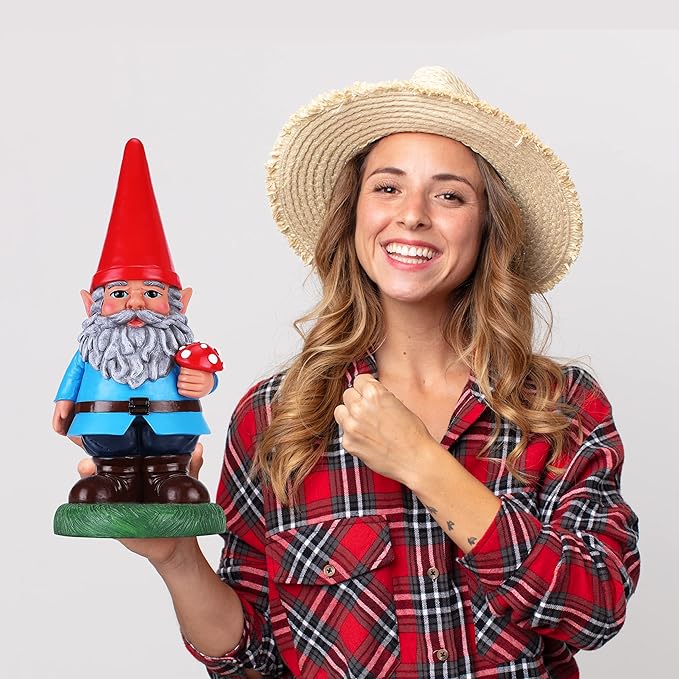 Garden Gnome Holding Mushroom - Funny Yard Ornament - Classic Gnome Decor - 14 Inch Tall