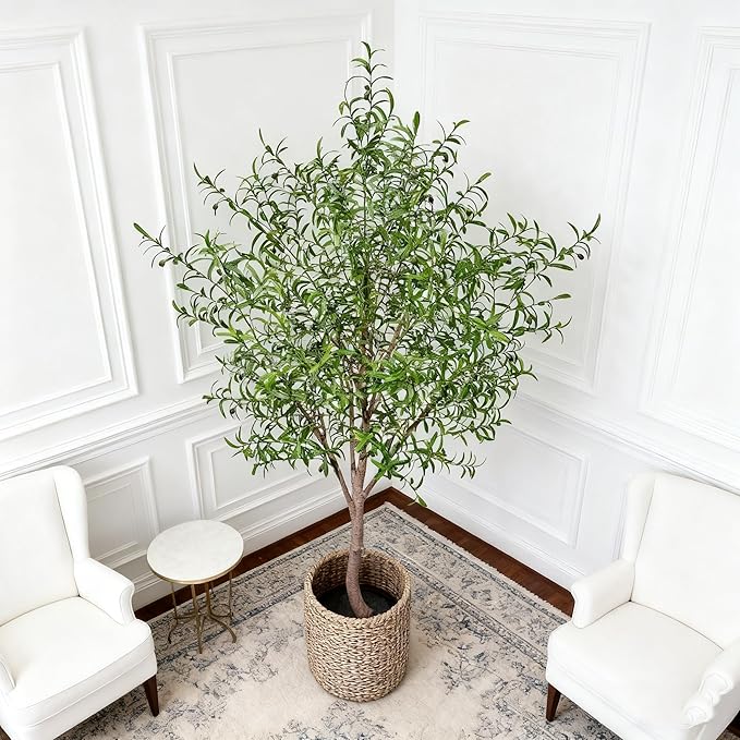 Niwellveb Fake Tree Faux Olive Tree Artificial Olive Trees Artificial Indoor Realistic Potted Silk Indoor Large Fruit for Home Offices, Living Rooms, Bedrooms, Stairs and Foyer Decor (8 Ft Leaf Type)