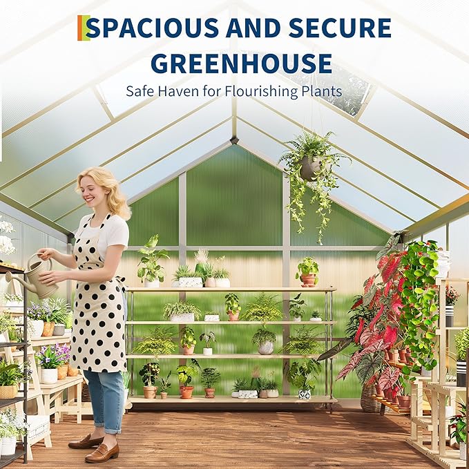 6X6 FT Greenhouse for Outdoors, Large Walk-in Polycarbonate Greenhouse Kit, Aluminum Frame, Lockable Door, Roof Vent, Ground Spikes, for Garden, Patio, Backyard, Outdoor Plant Growth