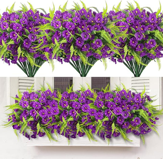 HIAGROW Spring Artificial Flowers Outdoors 12 Bundles Artificial Petunias Fake Flowers UV Resistant Shrubs Plants with Fern for Indoor Outside Hanging Planters Home Garden Decorations (Light Purple)