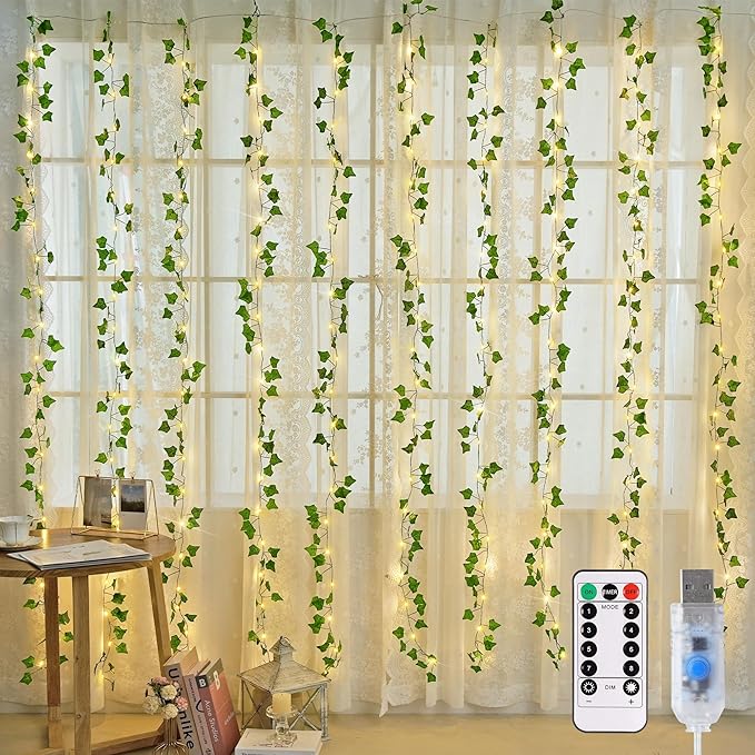 JMEXSUSS Vines Lights for Bedroom, 200 LED Vines Fairy Lights, Artificial Ivy Leaf Light for Wall Curtain Wedding Party Christmas Indoor Decor, 6.5ft x 6.5ft with Remote