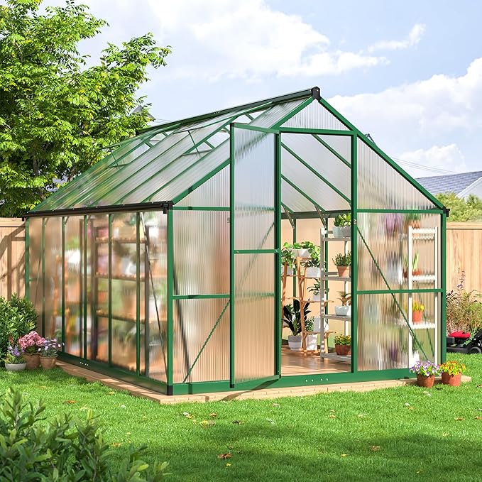 8x12 FT Greenhouse for Outdoors, Quick Setup Polycarbonate Greenhouse for Outside with Roof Vent, Aluminum Large Walk-in Green House for Garden Backyard, Green