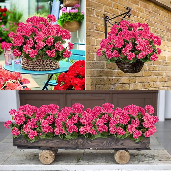 Uqueeten Artificial Flowers for Outdoors Artificial Geranium, 8PCSFake Flower Geranium Artificial Plant Home Decor,Silk Geraniums Artificial Flowers Realistic Outdoor Decoration 14.4"(Rose Red)