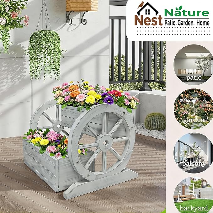 NestNature Wooden Wagon Planter Box,Raised Garden Bed,Decorative Garden Planters with Wheels-Outside Flower Pots for Indoor/Outdoor Décor Plants (Antique White)