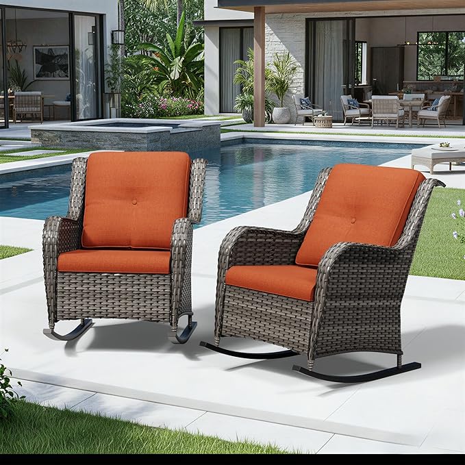 Joyside Outdoor Rocking Chairs Set of 2, Wicker Patio Furniture with High Back, Deep Seating, Wide Armrest, Thickened Cushions, Outdoor Rattan Furniture for Deck, Porch Use