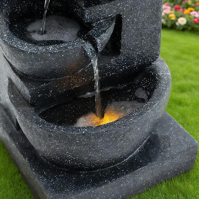 29" H Terrazzo Style Outdoor Water Fountain, 4-Tier Cascading Bowls with Stacked Stone Design and LED Lights, Freestanding Resin Water Feature for Garden Patio Porch