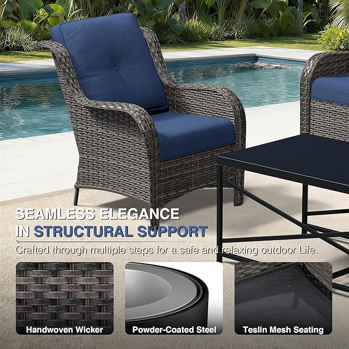 Joyside 4 Piece Wicker Patio Furniture Set with Fire Pit Table, Rattan Patio Chairs with High Back, Deep Seating, Wide Armrest, Thickened Cushions, Outdoor Furniture for Deck, Porch Use