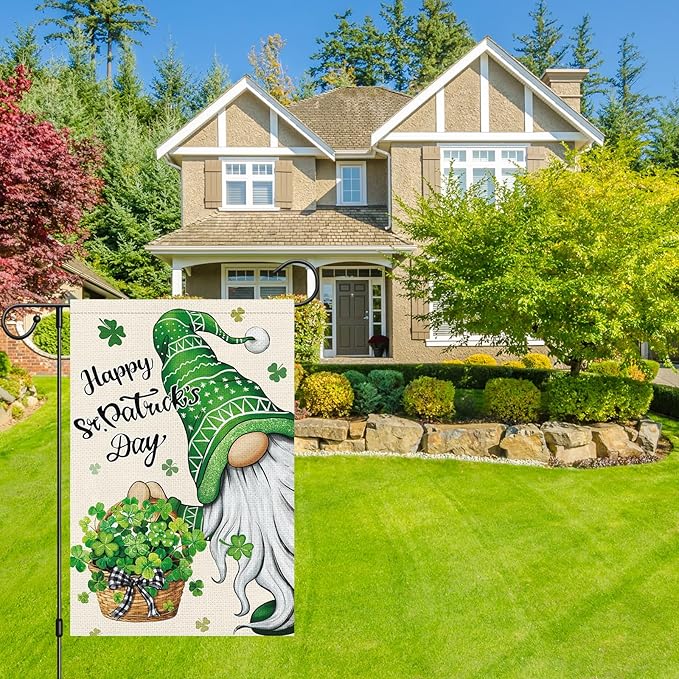 Heyfibro Happy St. Patrick's Day Gnome Garden Flag 12x18 Double Sided Burlap, Shamrock Basket Yard Flag for Spring Seasonal Irish Holiday Farmhouse Yard Outdoor Decor(ONLY FLAG)