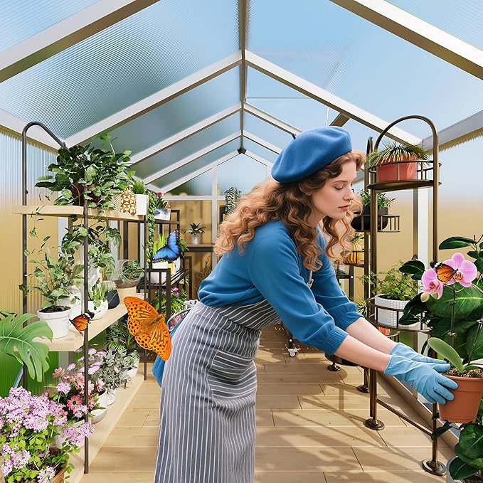 6X8FT Outdoor Greenhouse, Aluminum Polycarbonate House, Green Houses for Outside with Sliding Doors, Ajustable Roof Vent, Withstands Bad Weather for Garden, or Backyard, Silver