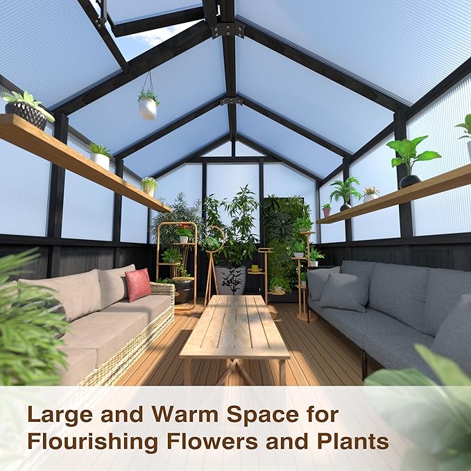 BlueWish 6x12FT Greenhouse, Greenhouse for Outdoor with Cedar Frame, Adjustable Vent, Wood Greenhouses with Polycarbonate Panel, Green House for Outside, Garden, Backyard, Black