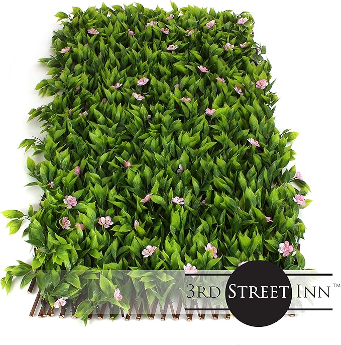 3rd Street Inn Pink Flower Sakura Leaf Trellis 4-Pack - Bamboo Greenery Panel - Boxwood and Ivy Privacy Fence Substitute - DIY Flexible Fencing (Pink Flower Sakura)