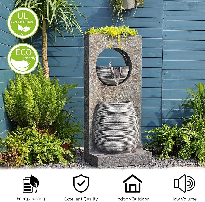 37.4’’ Tall Water Fountain Outdoor Modern Garden Fountains Layered Bowl Waterfall with LED Lights Top Planter Area for Garden, Patio, Yard, Office, Porch Home Art Decor