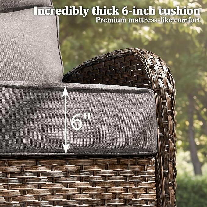 Outdoor Swivel Rocking Chair Patio Set (6PCS), High-Back - Thick Cushion Swivel Rocking Chair Patio Set, All-Weather Wicker Patio Furniture Set, Suitable for Balcony Patios, Brown/Gery