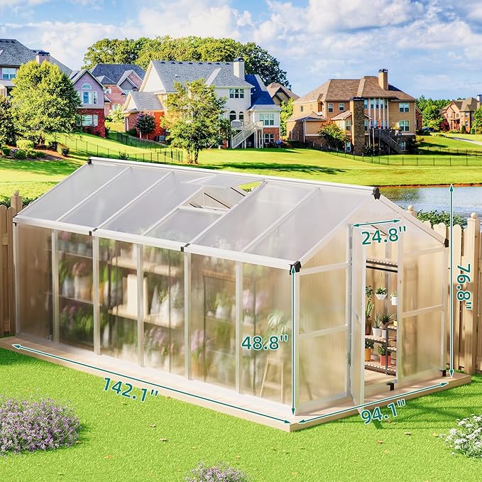 8x12 ft Greenhouse, Aluminum Frame & Polycarbonate Panel Greenhouse for Outdoors, Green House with Adjustable Roof Vent & Lockable Door, Durable Walk-in Green Houses for Backyard, Patio, Lawn