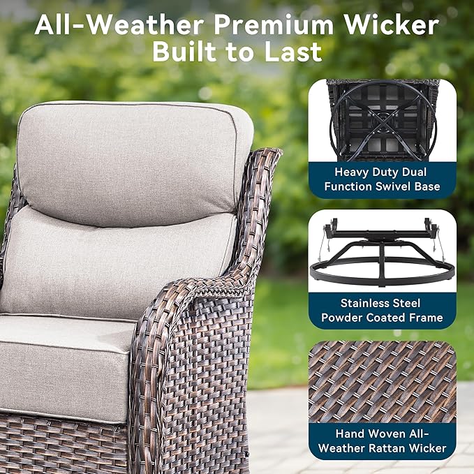Luxury High Back Outdoor Swivel Rocker Patio Chairs with Side Table & 6-Inch Thick Cushions, 2 Pieces Patio Furniture Set for Porch, Balcony, Deck and Yard