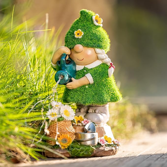 TERESA'S COLLECTIONS Garden Gnome Ornaments with Solar Outdoor Lights for Garden Decor, Lady Gnome Watering Flower Resin Outdoor Christmas Decorations Gifts for Women and Man 7.9"