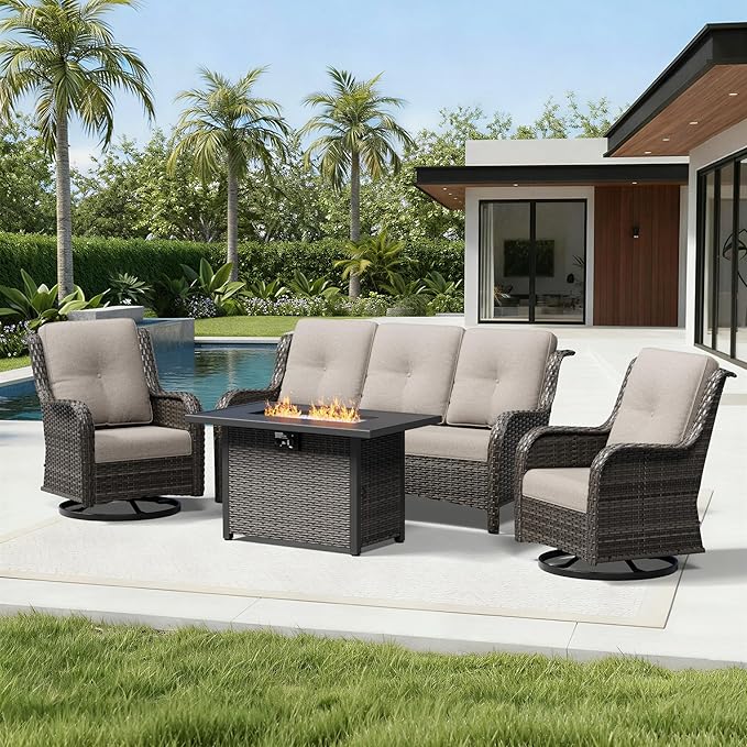 Joyside 4 Piece Wicker Patio Furniture Set with Fire Pit Table, Outdoor Swivel Rocker Patio Chairs with High Back, Deep Seating, Wide Armrest, Thickened Cushions, Outdoor Furniture for Deck, Porch Use
