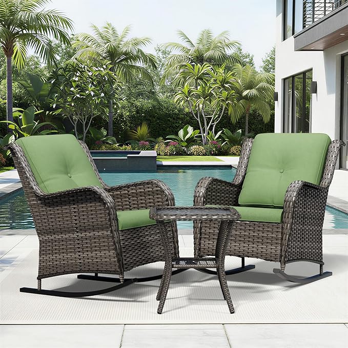 Joyside 3 Piece Wicker Patio Furniture Set, Outdoor Rocking Chair with High Back, Deep Seating, Wide Armrest, Thickened Cushions, Outdoor Rattan Furniture for Deck, Porch Use