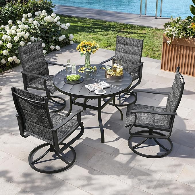 Patio Swivel Chairs Set of 4, Outdoor Dining Chairs with High Back, 360° Swivel Rocker Chair in All-Weather Padded Textilene & Metal Frame for Garden, Porch, Backyard, Balcony(Padded Dark Grey)