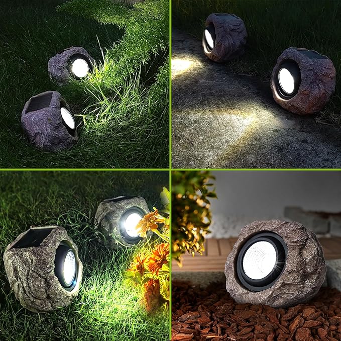 Solar Garden Rock Lights Outdoor - IP65 LED Waterproof Solar Spotlight, Decorative Garden Stone Lights for Pathway, Walkway, Yard, Patio (2 Pack)
