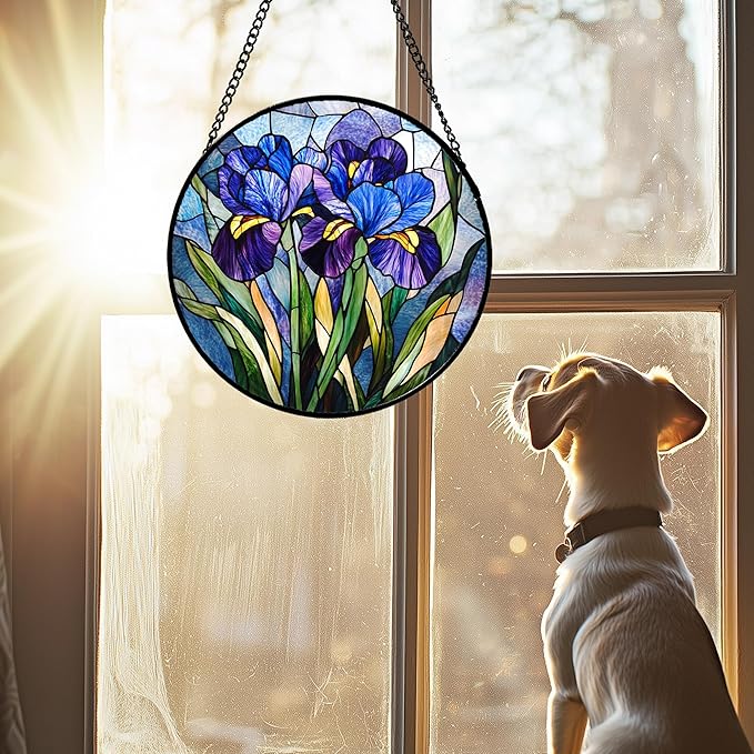 Stained Glass Window Hanging - Blue Purple Iris Flower Suncatcher for Door Garden Patio Sun Catchers Decor Christmas Mother's Day Birthday Gifts for Women Men Mom Nana Aunt Friend 15 in