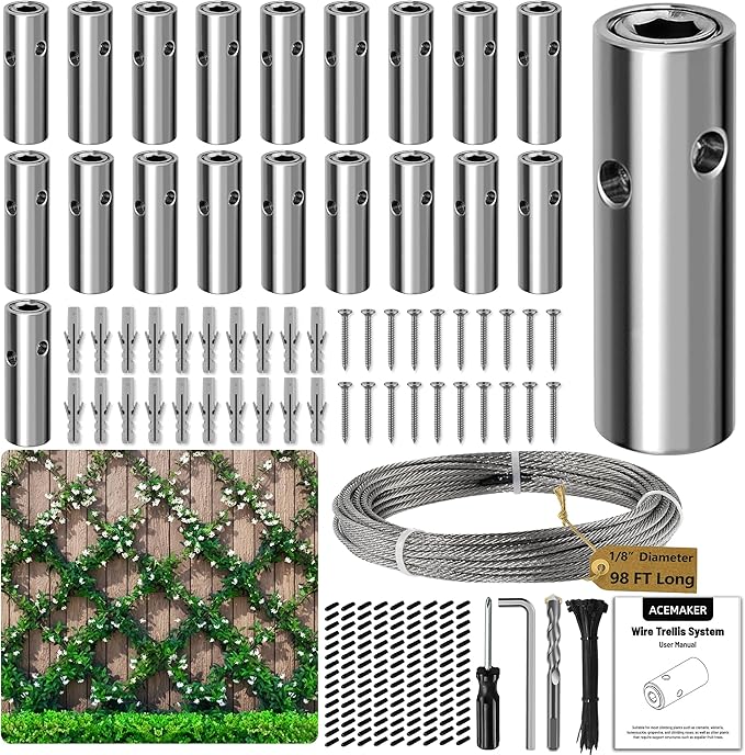 Acemaker Wire Trellis for Climbing Plants Outdoor, 20-Set Wall Wire Trellis Kit with 1/8in x 98ft Stainless Steel Cable, T316 Cylindrical Espalier System for Fence and Garden DIY Projects